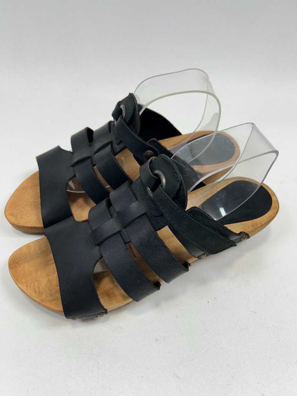 SANITA Black Leather Sandals w/Thick Wooden Platform sz42 Handcrafted Slide